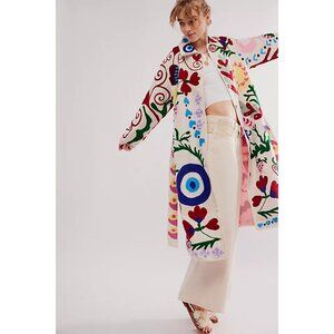 NWT Sissel Edelbo Rose Suzani Embroidered Coat Ivory Multicolor Cotton